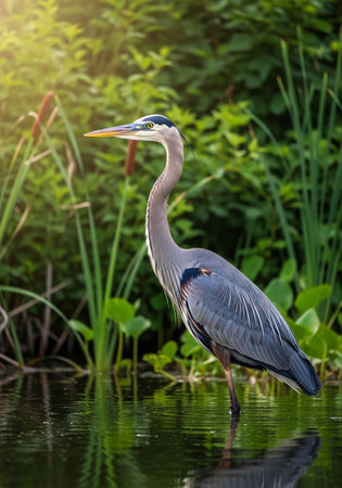 A majestic heron stands serenely in a lush wetland surrounded by vibrant greenery and calm water