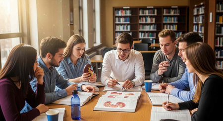 A group of young adults studying together in a library with books and notes spread out on the table