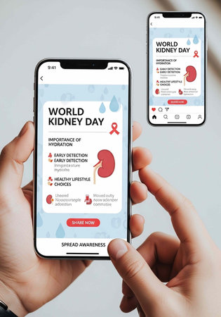 Hands holding smartphones with World Kidney Day awareness campaign on screens for health education