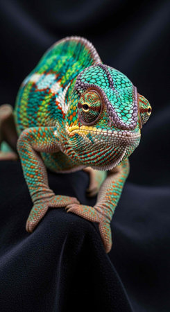 A vibrant green chameleon perched on a black surface with colorful scales and large eyes looking...
