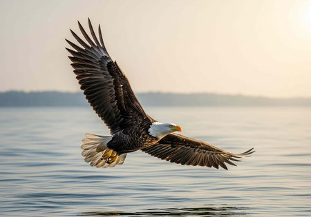 A majestic bald eagle soars over a serene body of water at sunset, its wings spread wide in flight.