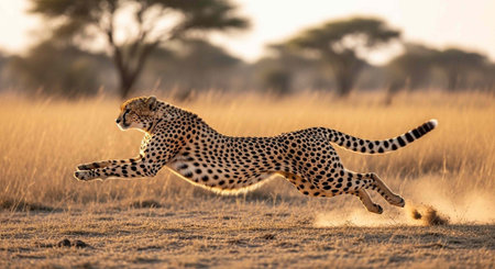 A cheetah runs swiftly across a savannah during sunset in a natural wildlife scene with trees in the...