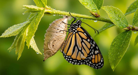 A monarch butterfly emerges from its cocoon on a green leafy branch with water droplets in nature