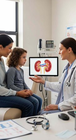A female doctor explaining kidney health to a young girl and her mother in a medical office