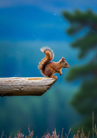 A curious squirrel perched on a wooden log in a serene natural environment with a blurred background