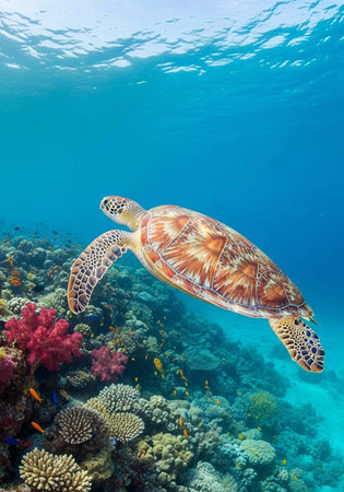 A sea turtle swims above a vibrant coral reef in the clear blue ocean water.