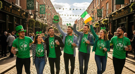A group of friends celebrating St. Patrick's Day with green attire and Irish flags in a lively street sceneの写真素材