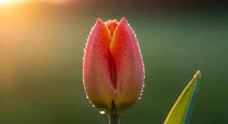 A beautiful pink tulip with dew drops in a serene natural setting at sunrise