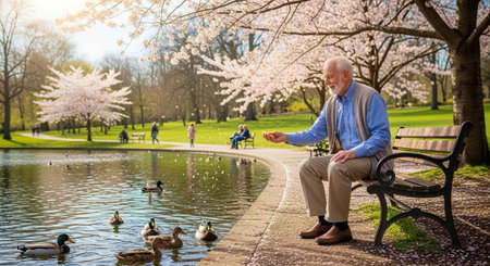An elderly man sits on a park bench feeding ducks by the serene pond surrounded by blooming trees
