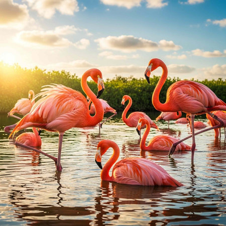 A flock of pink flamingos standing in shallow water with a beautiful sunset in the background