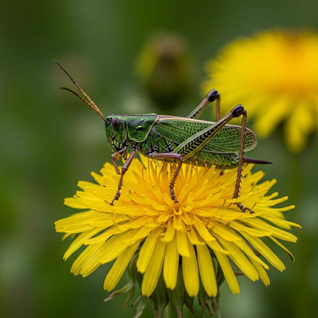 A green grasshopper perched on a bright yellow dandelion flower in a lush natural environment outdoorsの写真素材