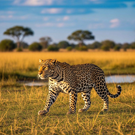 A leopard walks through a serene savannah landscape with trees and a blue sky in the background.
