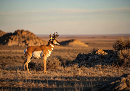A pronghorn antelope stands alert in a vast open landscape with rocky outcrops at sunset
