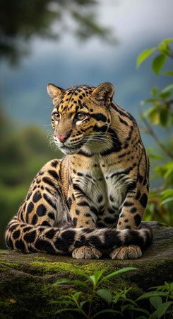 A clouded leopard resting on a mossy log in a lush forest with a serene expression on its face