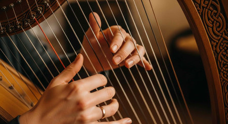 A musician's hands playing a traditional harp with intricate Celtic designs in a close-up view.