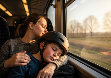 A woman and a child are sleeping on a train while traveling through a rural landscape.
