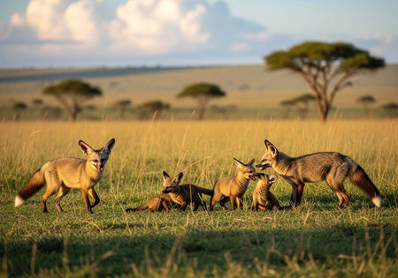 A group of foxes playing in a grassy savannah with trees and a cloudy sky in the backgroundの写真素材