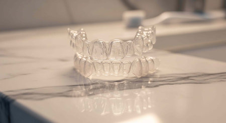 A clear dental retainer sits on a white marble countertop in a modern dental office setting for orthodontic treatmentの写真素材