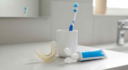 A dental hygiene setup with toothbrush, toothpaste, and aligner on a bathroom countertop for oral...