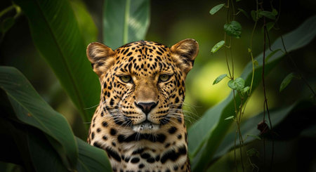A close-up portrait of a leopard in its natural habitat surrounded by lush greenery and foliage