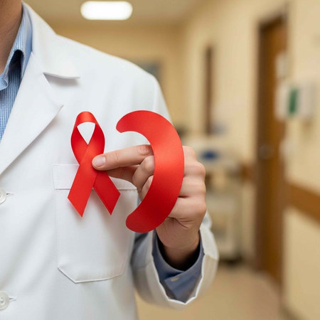 A doctor in a white coat holding a red ribbon in a hospital setting for awareness and support