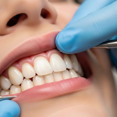 A dentist examines a patient's teeth during a routine dental checkup and cleaning procedure