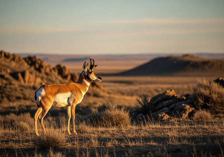 A pronghorn antelope stands alert in a vast open landscape with rolling hills and dry grass