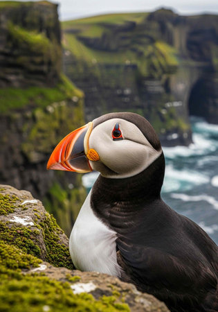 A puffin perched on a mossy rock with a stunning cliffside landscape in the backgroundの写真素材