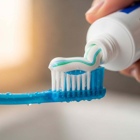 Hand squeezing toothpaste onto wet blue toothbrush with white bristles and green stripes
