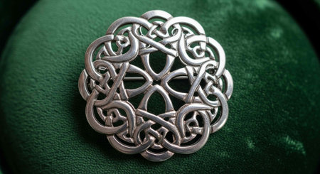 A silver Celtic knotwork brooch on a green velvet background, showcasing intricate metalwork design...