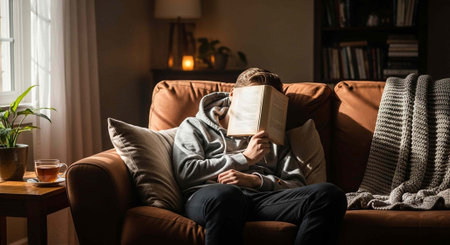A man relaxes on a brown leather couch reading a book in a cozy living room with a cup of tea