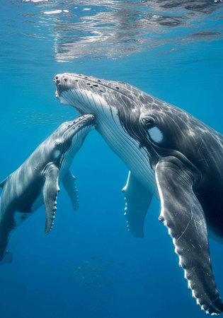 Two humpback whales swim together in clear blue water, adult and young whale interacting peacefully