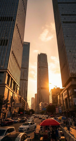 A bustling city street at sunset with tall skyscrapers and busy traffic