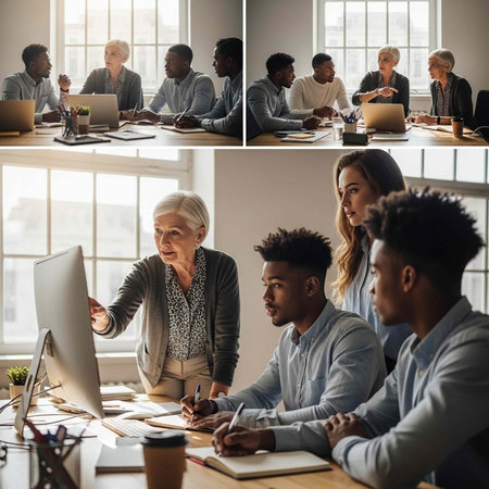 A diverse group of people collaborating and working together in a modern office setting with...