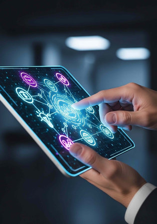 A person interacts with a futuristic tablet displaying a vibrant network graphic in a dark room