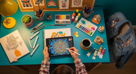 A person creating colorful artwork on a digital tablet at a cluttered desk with various art supplies