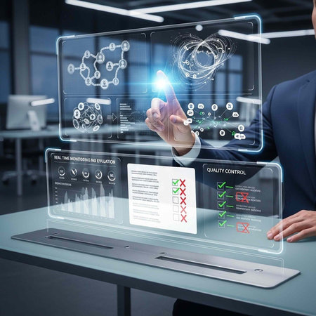 A businessman interacts with a futuristic transparent touchscreen display in a modern office...