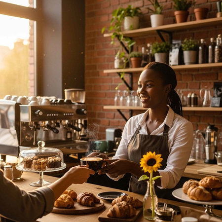 A smiling woman serving coffee and pastries in a cozy cafe with a brick wall and plants