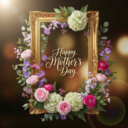 A beautiful floral arrangement in a gold frame with Happy Mother's Day message
