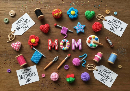 A colorful arrangement of sewing supplies and gifts for Mother's Day on a wooden background