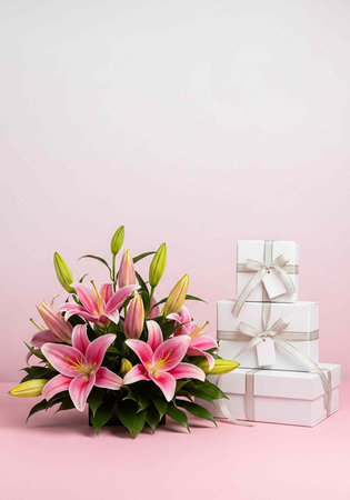 A bouquet of pink lilies and white gift boxes on a pink background for a special occasion