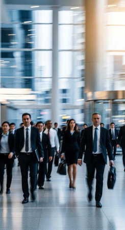 A group of business professionals walking quickly through a modern office building lobby
