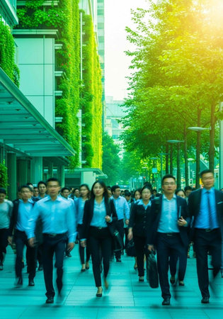 A group of business professionals walking down a city street lined with trees and modern buildings
