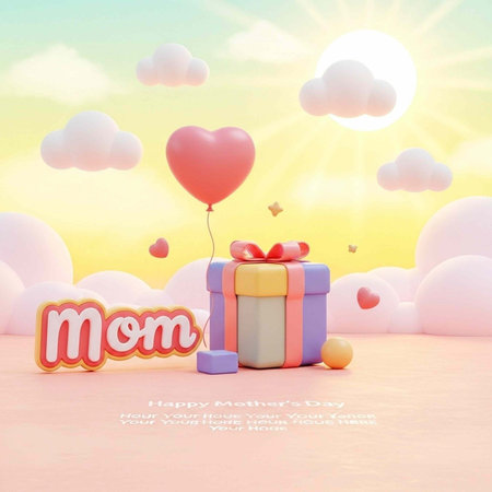 A colorful illustration of a gift and heart-shaped balloon for Mother's Day with a bright sunny sky