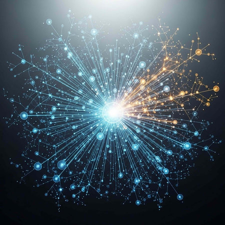 A vibrant digital illustration of a glowing network connection with radiant lines and nodes in blue...