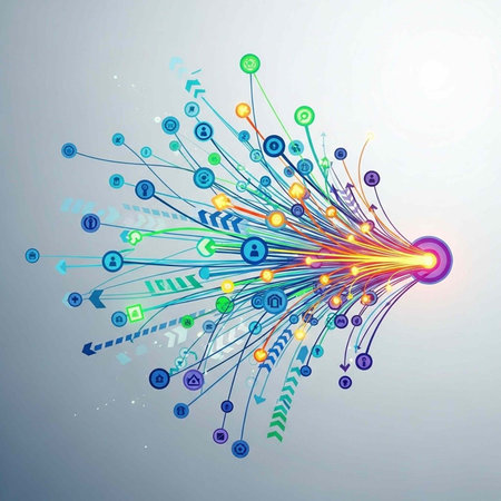 A vibrant digital illustration of colorful lines and symbols radiating from a central point