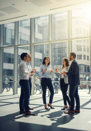 A group of business professionals engaged in conversation in a modern office building with large...