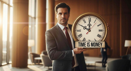 A businessman in a suit holding a large clock with the phrase time is money in a modern office