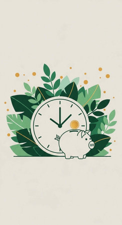 A whimsical illustration of a piggy bank and clock surrounded by lush green leaves and vibrant...