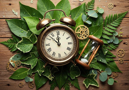A copper alarm clock and hourglass surrounded by green leaves on a wooden surface